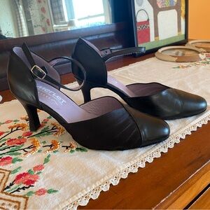 Merlet Elegant Black Leather Ballroom Heel with Snap Ankle Strap